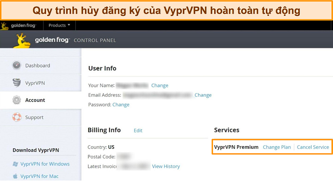 Ảnh chụp màn hình cài đặt tài khoản của VyprVPN