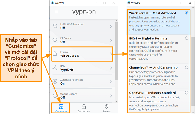 Ảnh chụp màn hình các tùy chọn giao thức của VyprVPN