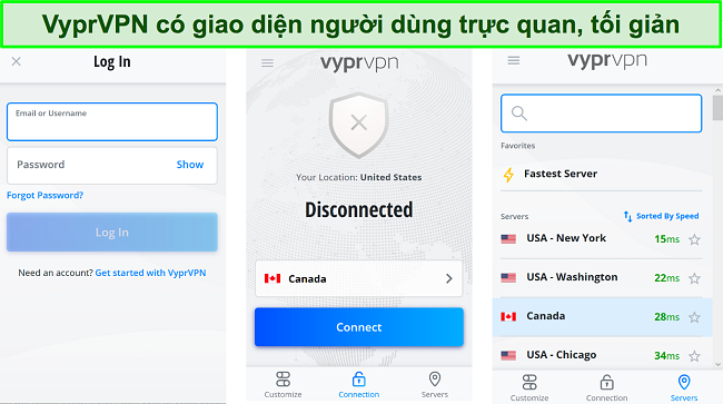 Ảnh chụp màn hình của giao diện người dùng ứng dụng VyprVPN