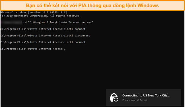 Ảnh chụp màn hình kết nối với PIA thông qua dòng lệnh Windows.