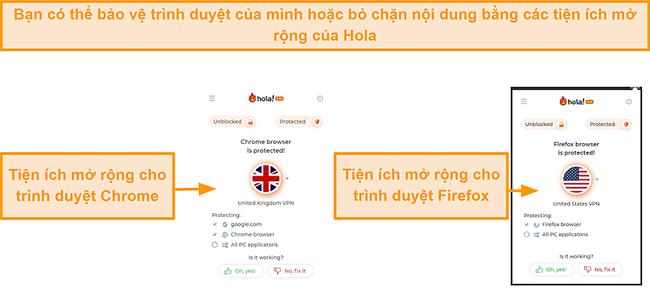 Ảnh chụp màn hình các tiện ích mở rộng trình duyệt Chrome và Firefox của Hola VPN