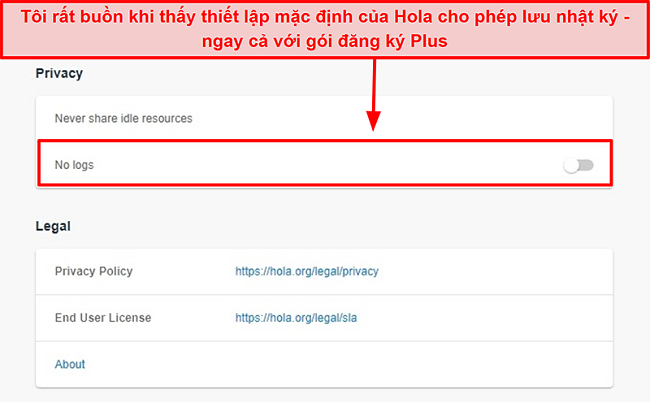 Ảnh chụp màn hình cài đặt không có nhật ký của Hola VPN