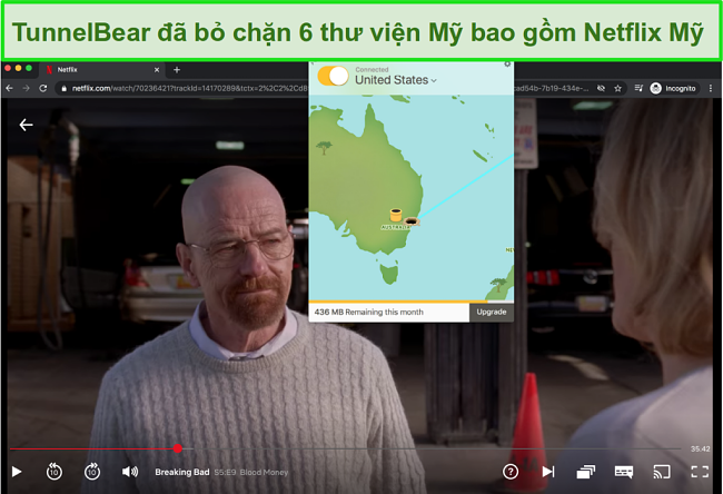 Ảnh chụp màn hình phát trực tuyến Breaking Bad của Tunnelbear trên Netflix US