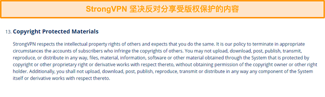 StrongVPN 关于共享版权内容的服务条款截图