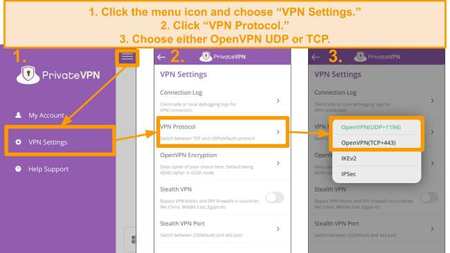 Screenshots of PrivateVPN settings menus and instructions on how to change to OpenVPN protocols.