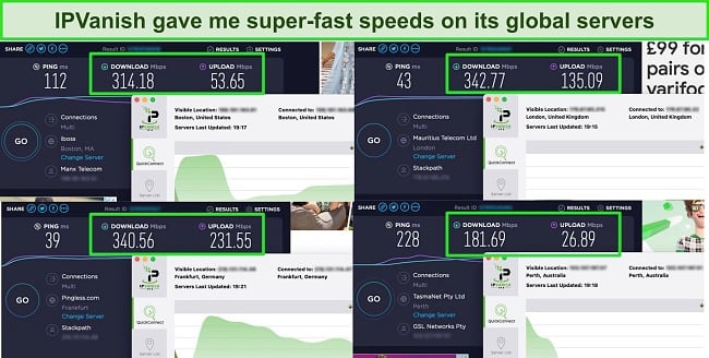 Screenshot of 4 speed tests while connected to various IPVanish servers