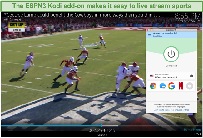Screenshot of streaming football on ESPN3 with Kodi