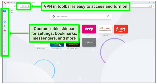 Screenshot of Opera homepage with VPN and sidebar highlighted