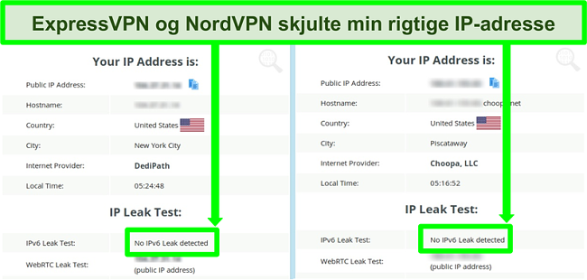 Skærmbillede, der ikke registrerer nogen IPv6-lækage for både NordVPN og ExpressVPN