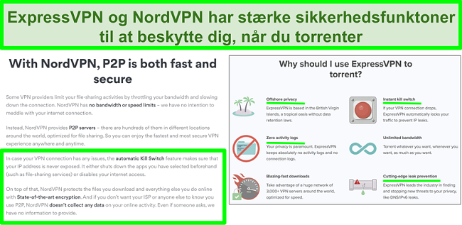 Skærmbillede af NordVPN- og ExpressVPN-websteder, der viser, at de understøtter torrenting