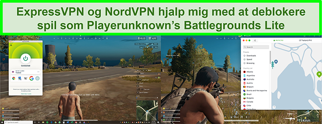 Sammenligning skærmbilleder af en bruger, der spiller PlayUnknown's Battlegrounds Lite, mens den er tilsluttet henholdsvis ExpressVPN og NordVPN