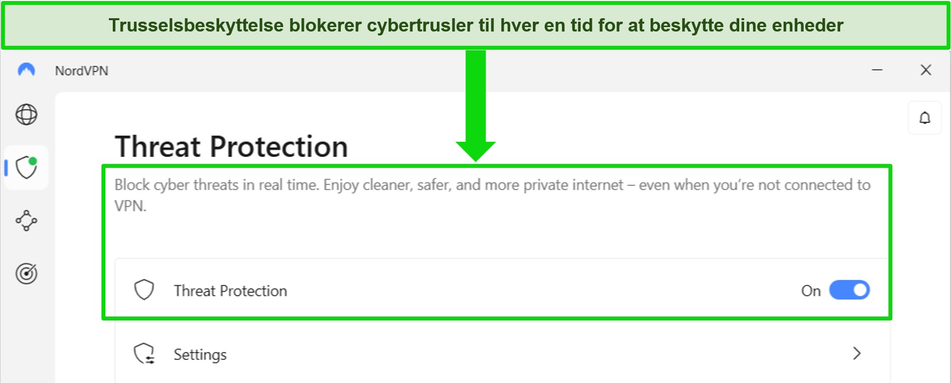 Skærmbillede af NordVPNs Windows-app, der viser, at funktionen Threat Protection er altid tændt.