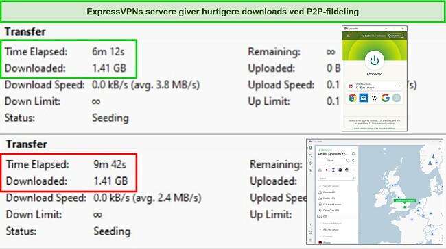 Skærmbilleder af BitTorrent torrent-klient, der viser downloadtider for 2 torrents, med ExpressVPN og NordVPN forbundet til britiske servere.