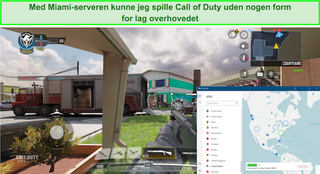 Skærmbillede i spillet af Call of Duty, mens du er forbundet til NordVPN