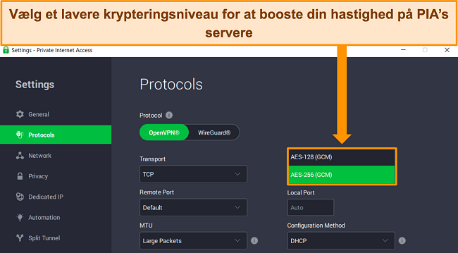 Skærmbillede af PIAs Windows-app, der viser de tilpassede krypteringsniveauer for OpenVPN-protokollen