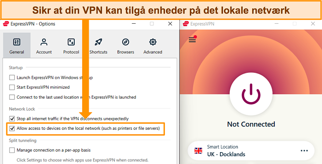 Skærmbillede af ExpressVPNs Windows-app med menuen Generelle indstillinger åben, og fremhæver muligheden for at 