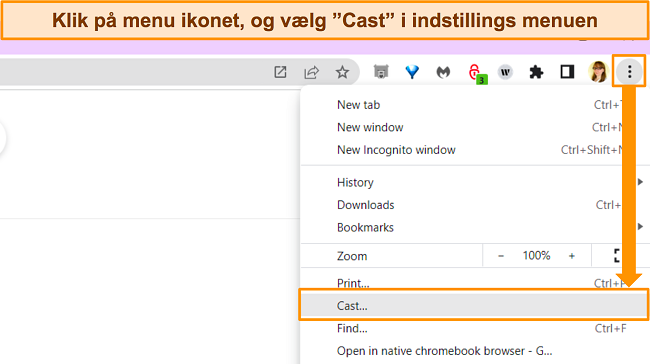 Skærmbillede af Google Chrome-browservinduet, der fremhæver menuknappen og 