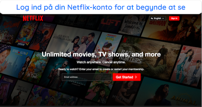 Skærmbillede af Netflix' login-side