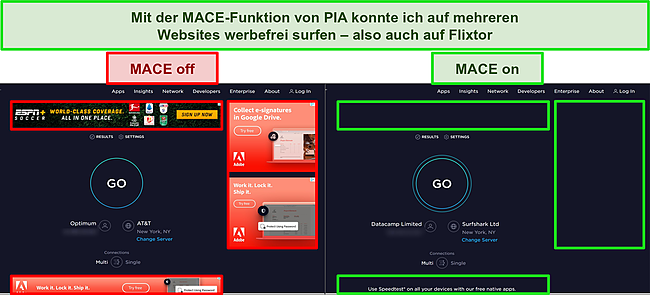 Screenshots der Ookla-Geschwindigkeitstestseite mit ein- und ausgeschaltetem MACE-Werbeblock von PIA, die den Unterschied zwischen den beiden zeigen.