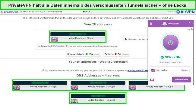 Screenshot von PrivateVPN, das mit einem britischen Server verbunden ist, wobei IPLeak.net-Lecktestergebnisse keine Lecks zeigen.