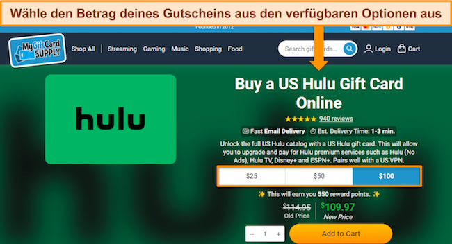 Screenshot der MyGiftCardSupply-Website mit den Preisoptionen für Hulu-Geschenkkarten