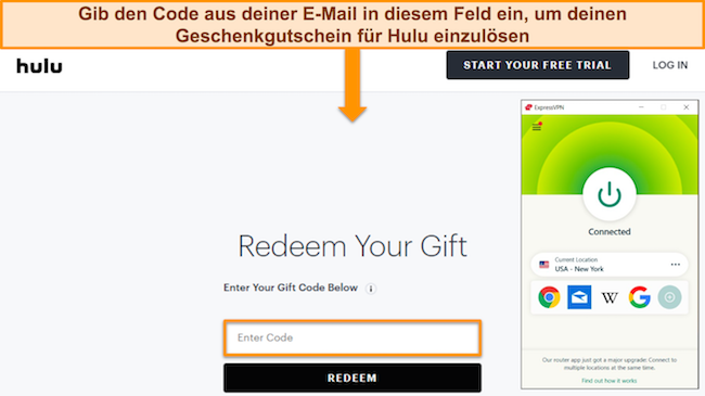 Screenshot der Geschenkkarten-Einlösungsseite von Hulu auf der Website, wobei ExpressVPN mit einem US-New York-Server verbunden ist