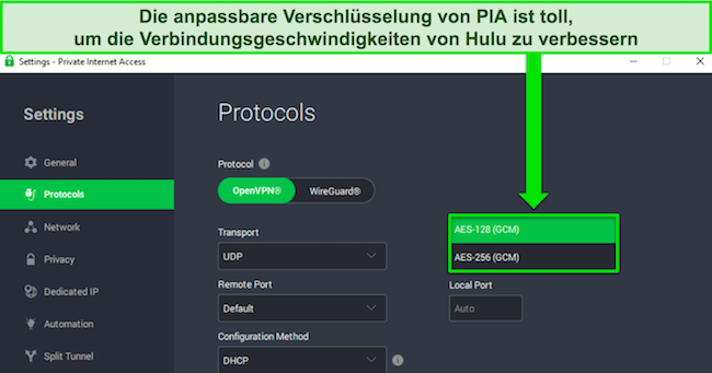 Screenshot der Windows-App von PIA, der die anpassbare Verschlüsselungsoption hervorhebt