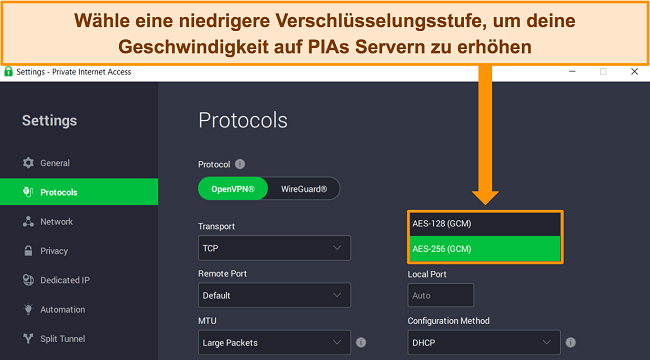 Screenshot der Windows-App von PIA mit den anpassbaren Verschlüsselungsstufen für das OpenVPN-Protokoll