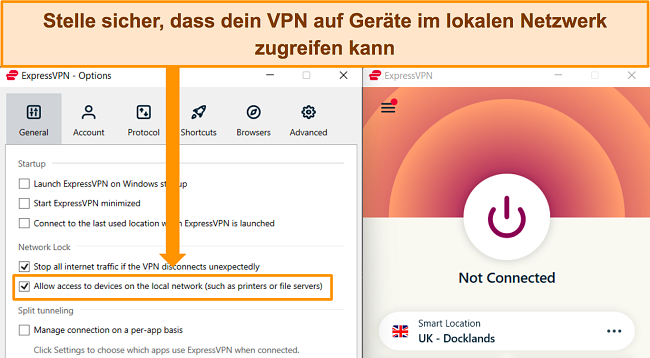 Screenshot der Windows-App von ExpressVPN mit geöffnetem Menü „Allgemeine Einstellungen“, in dem die Option „Zugriff auf Geräte im lokalen Netzwerk zulassen“ hervorgehoben ist