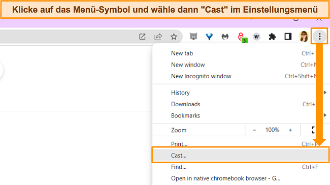 Screenshot des Google Chrome-Browserfensters mit Hervorhebung der Menüschaltfläche und der Menüoption „Cast“.