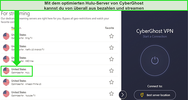 Screenshot des Streaming-Server-Menüs von CyberGhost mit einem für Hulu optimierten Server.