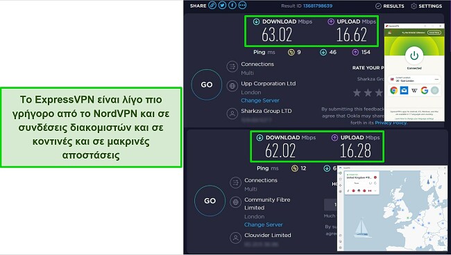 Στιγμιότυπα οθόνης του ExpressVPN και του NordVPN που συνδέονται με διακομιστές του ΗΒ, με τα αποτελέσματα των δοκιμών ταχύτητας Ookla να δείχνουν ότι το ExpressVPN είναι ελαφρώς ταχύτερο.