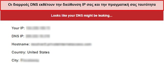 Στιγμιότυπο οθόνης δοκιμής διαρροής DNS που αναφέρει διαρροή