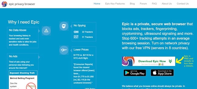  Screenshot of Epic Privacy Browser download page