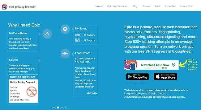 Screenshot of Epic Privacy Browser download page