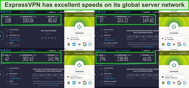 Screenshot of ExpressVPN speed test results on servers in the US, UK, Germany, and Australia
