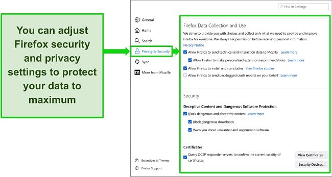 Screenshot of Firefox security and privacy settings