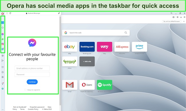 Screenshot of Opera's main page highlighting the taskbar on the side of the screen