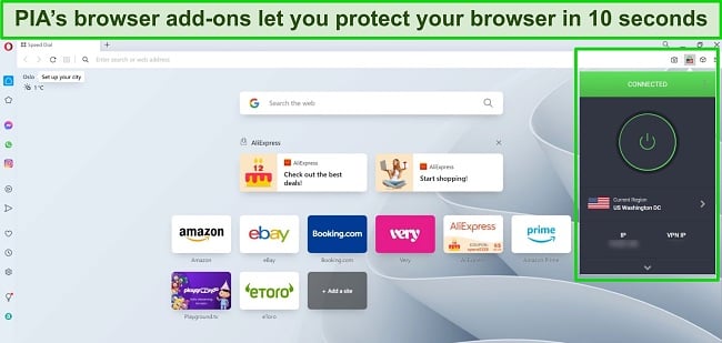 Screenshot of PIA's browser extension in Opera