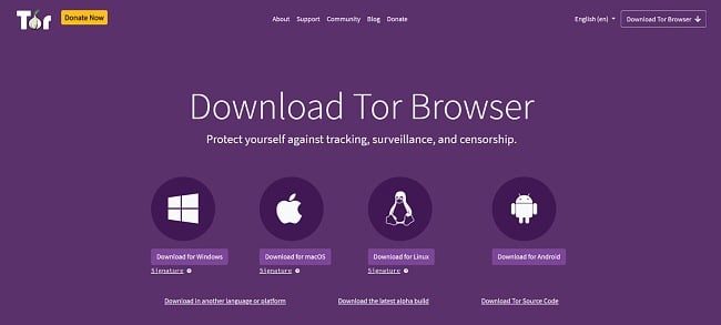 Screenshot of Tor's download page