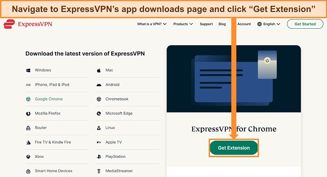 Screenshot of ExpressVPN website highlighting a link to the Chrome Web Store to download the browser extension.
