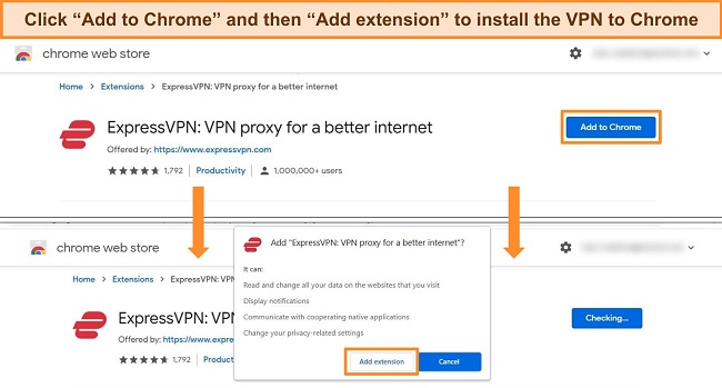 Screenshot of Chrome Web Store showing the installation process for the ExpressVPN Chrome browser extension.
