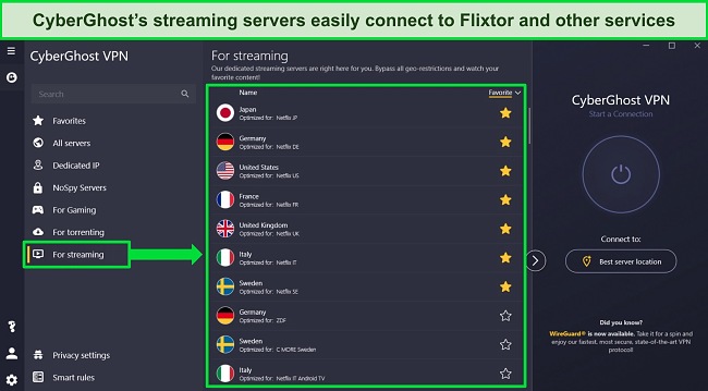Screenshot of CyberGhost's Windows app with optimized streaming server menu open and highlighted. 