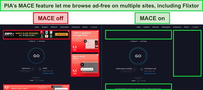 Screenshots of Ookla speed test site with PIA's MACE ad-block switched on and switched off, showing the difference between the two.