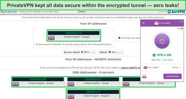 Screenshot of PrivateVPN connected to a UK server with IPLeak.net leak test results showing no leaks.