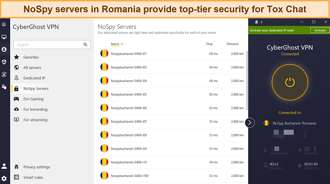 Screenshot of several NoSpy servers using CyberGhost