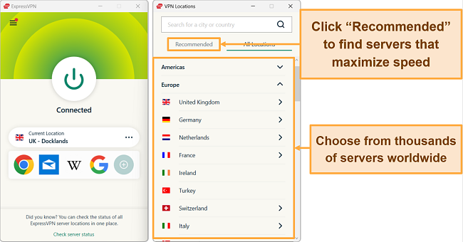 Screenshot of ExpressVPN's recommended servers Windows app
