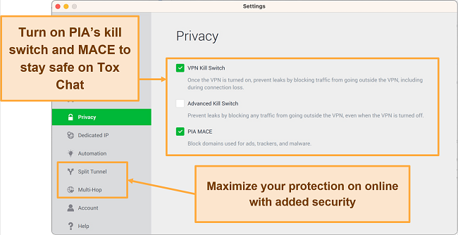 Screenshot of PIA's security features on the macOS app