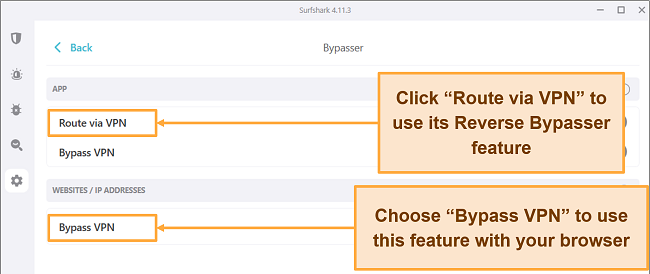 Screenshot of the Bypasser Feature on Surfshark