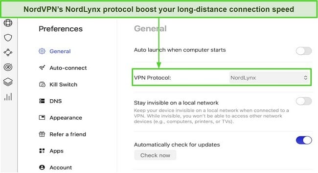 Screenshot showing where to choose NordLynx protocol option in NordVPN's Mac app settings